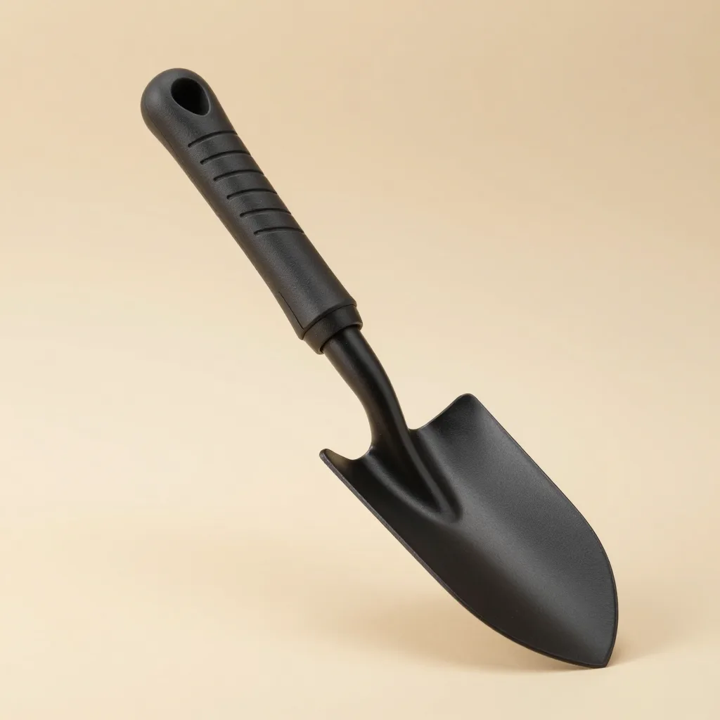 An ergonomic garden trowel with a curved grip on a light background