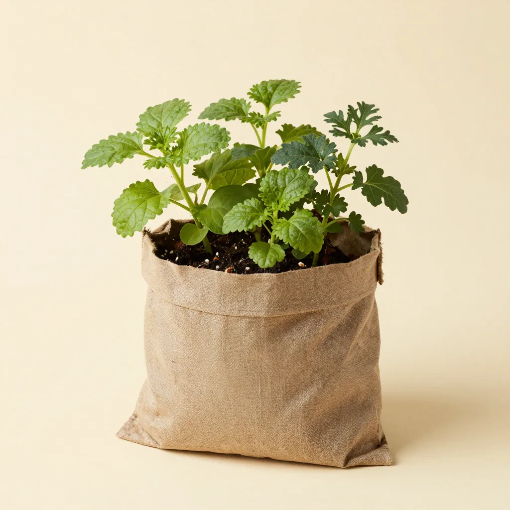 A herb garden set in a potting bag on a light background